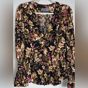 Anthropologie Deep V Neck Floral Long Bell Sleeves Tunic Blouse Top Size L